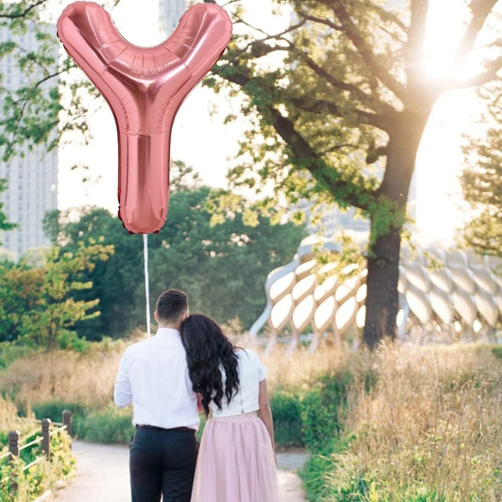 Balon Folie Metalizata Litera Y, 80 cm, Reutilizabil, Umflare cu Heliu sau Aer, Pai Inclus, Rose Gold