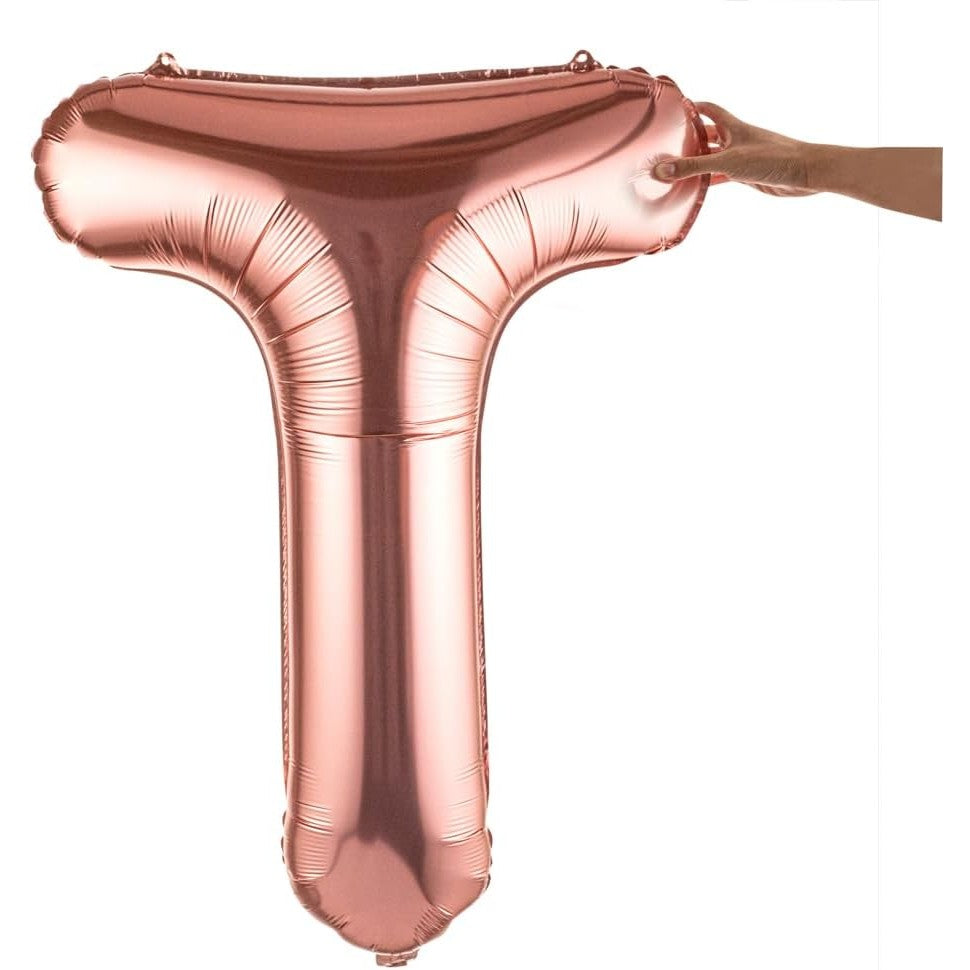 Balon Folie Metalizata Litera T, Umflare cu Heliu sau Aer, Material Rezistent, Pai Inclus pentru Umflare, Rose Gold, 80 cm