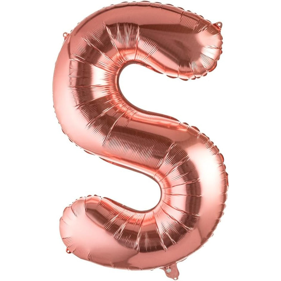 Balon Litera S, Folie Metalizata Din Aluminiu, Umflare Heliu Sau Aer, Pai Inclus, 80 cm, Rose Gold