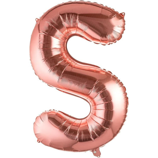 Balon Litera S, Folie Metalizata Din Aluminiu, Umflare Heliu Sau Aer, Pai Inclus, 80 cm, Rose Gold