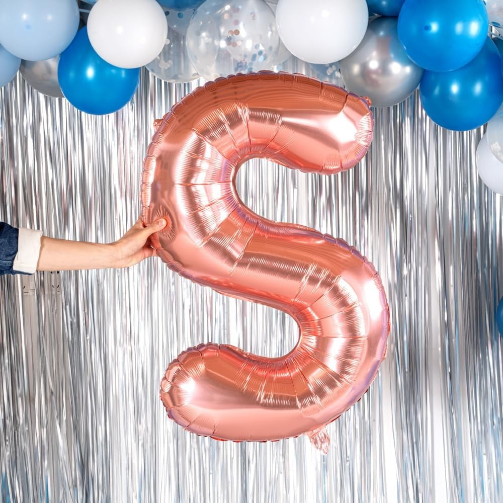 Balon Litera S, Folie Metalizata Din Aluminiu, Umflare Heliu Sau Aer, Pai Inclus, 80 cm, Rose Gold
