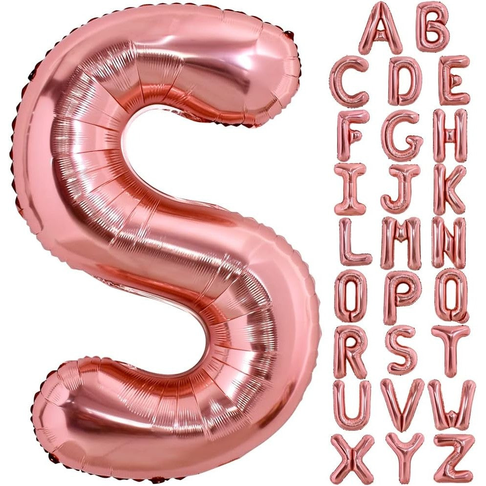 Balon Litera S, Folie Metalizata Din Aluminiu, Umflare Heliu Sau Aer, Pai Inclus, 80 cm, Rose Gold