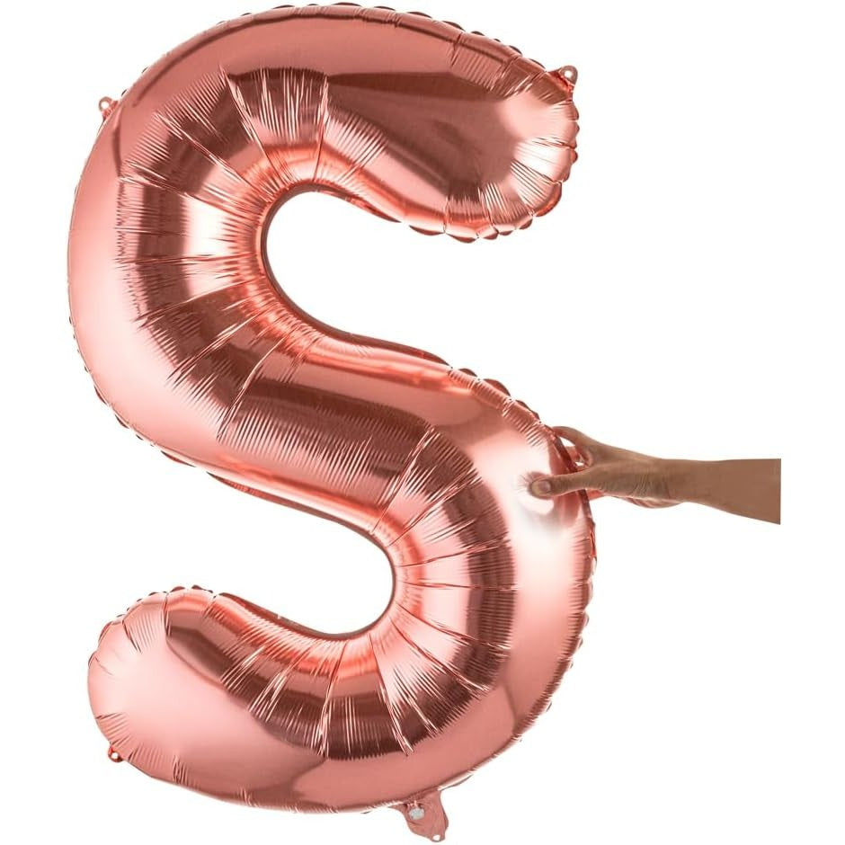 Balon Litera S, Folie Metalizata Din Aluminiu, Umflare Heliu Sau Aer, Pai Inclus, 80 cm, Rose Gold