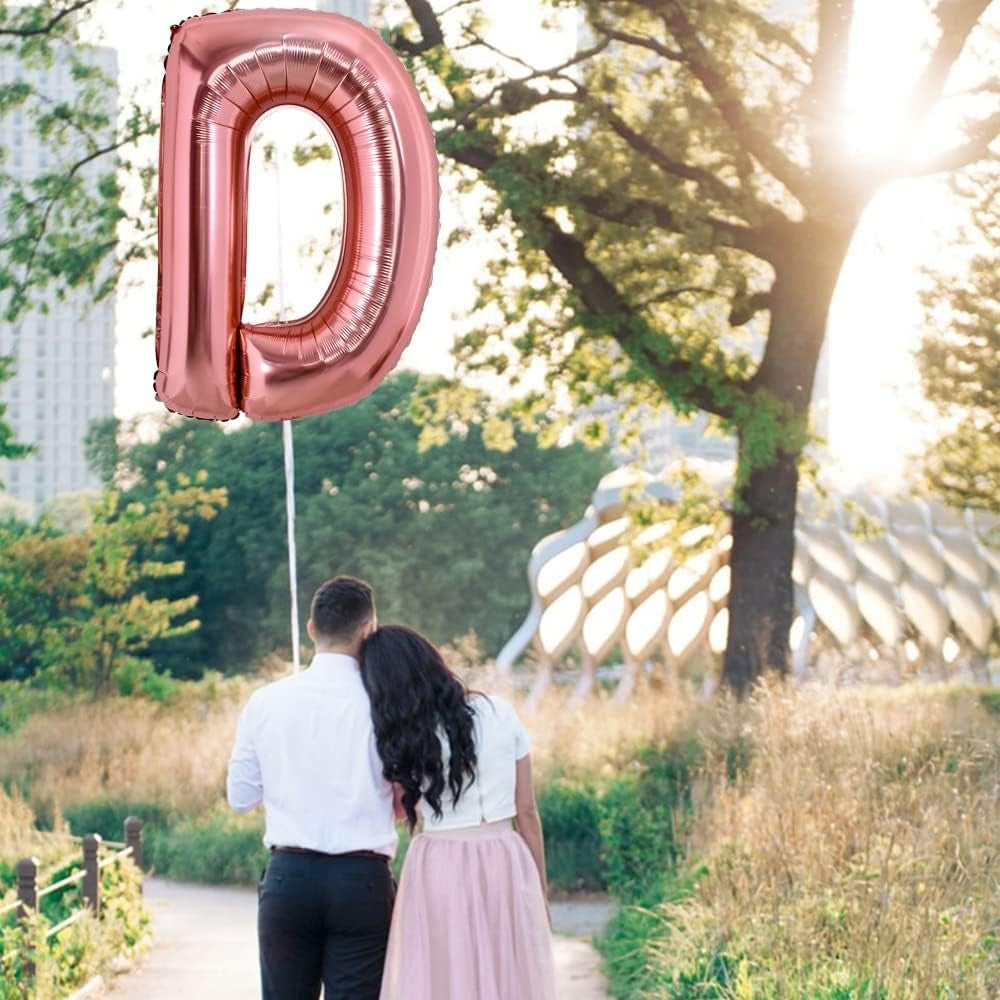 Balon Folie Metalizata Litera D, Decoratiune Petrecere Aniversara, Aluminiu, Rezistent la Heliu si Aer, Pai Umflare Inclus, 80 cm, Rose Gold