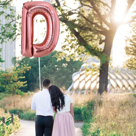 Balon Folie Metalizata Litera D, Decoratiune Petrecere Aniversara, Aluminiu, Rezistent la Heliu si Aer, Pai Umflare Inclus, 80 cm, Rose Gold
