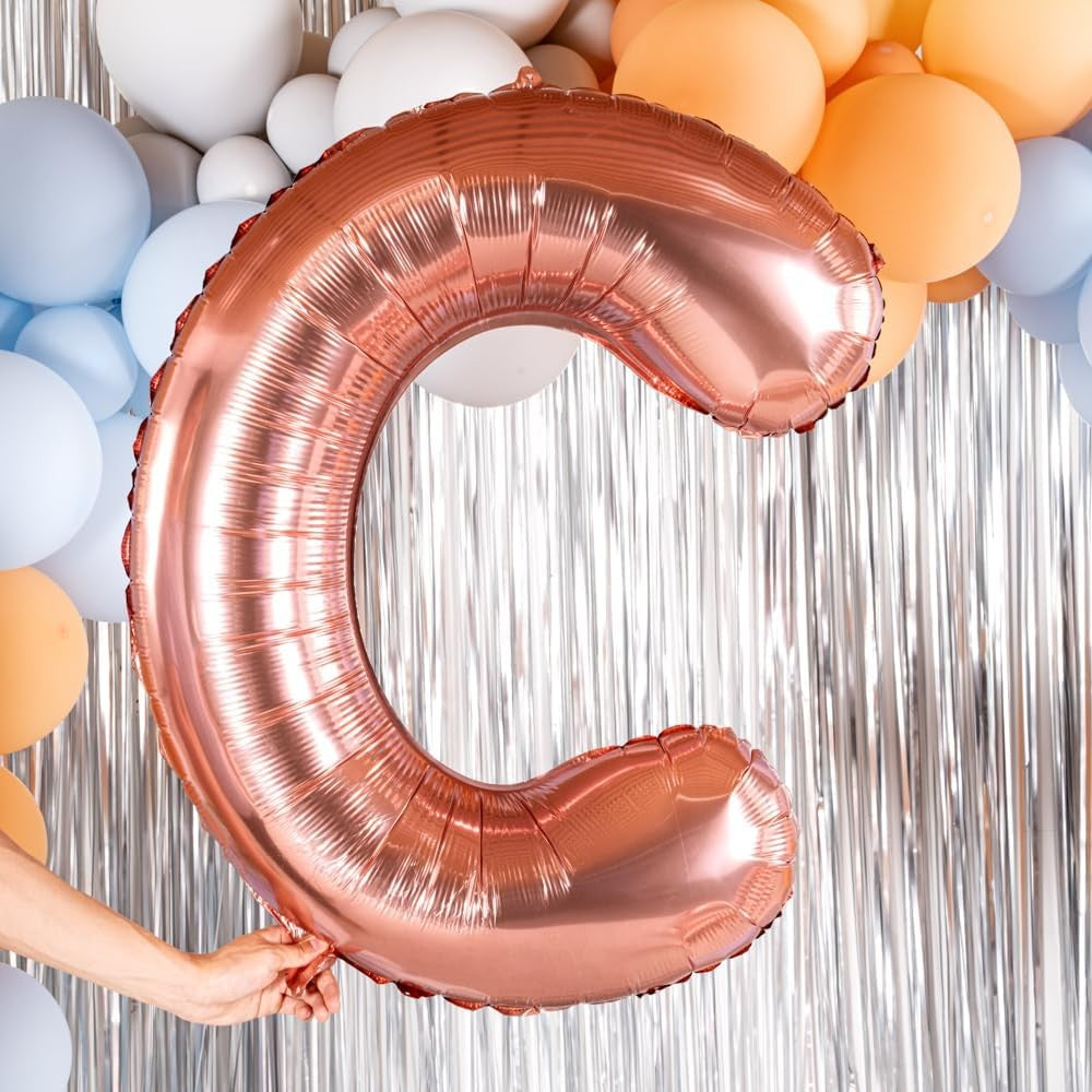 Balon Folie Metalizata Litera C, Model Aniversar Pentru Aer sau Heliu, Folie Aluminiu Rezistenta, Include Pai Umflare, 80 cm, Rose Gold