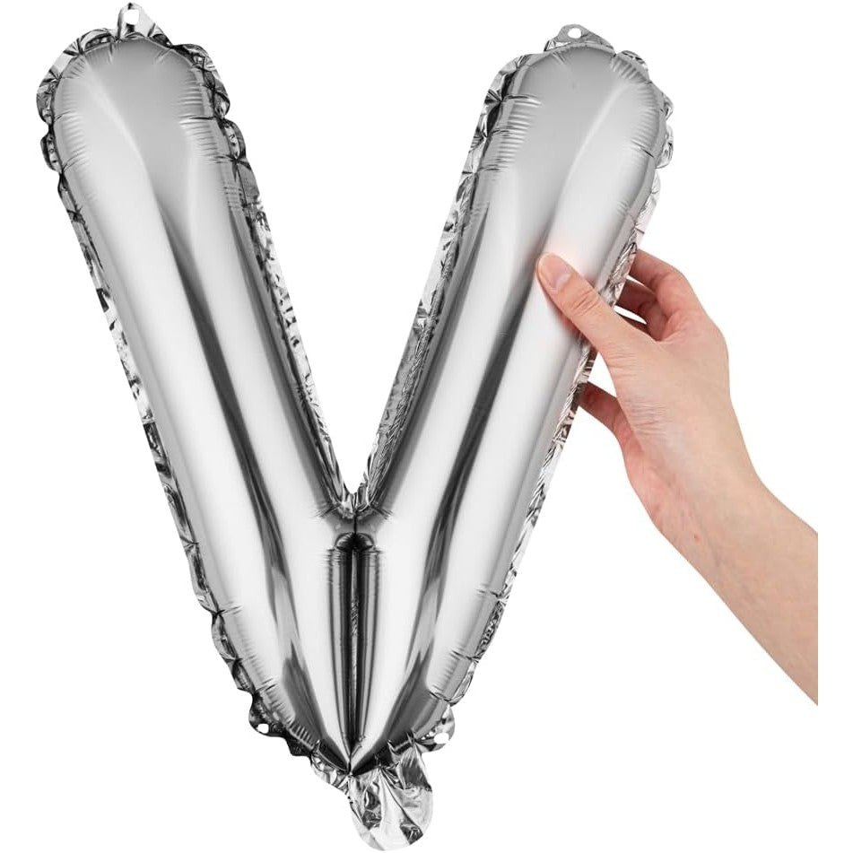 Balon Folie Metalizata Litera V, 80 cm, Reutilizabil, Compatibil Heliu sau Aer, Include Pai de Umflare, Argintiu
