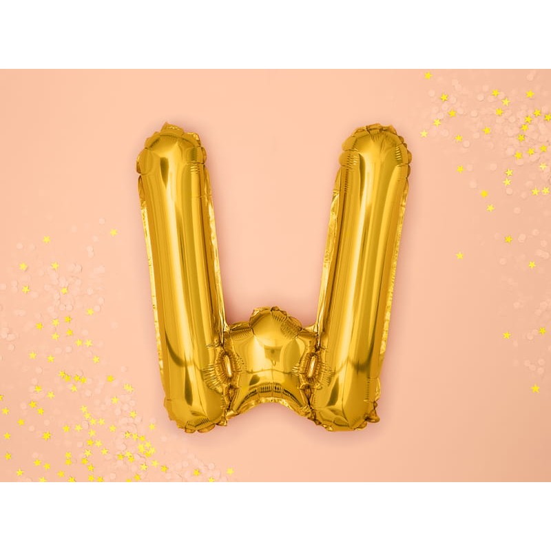 Balon Folie Metalizata Litera W, Decoratiune Petrecere Aniversara, Compatibil Heliu sau Aer, Include Pai Umflare, Aluminiu, 80 cm, Auriu