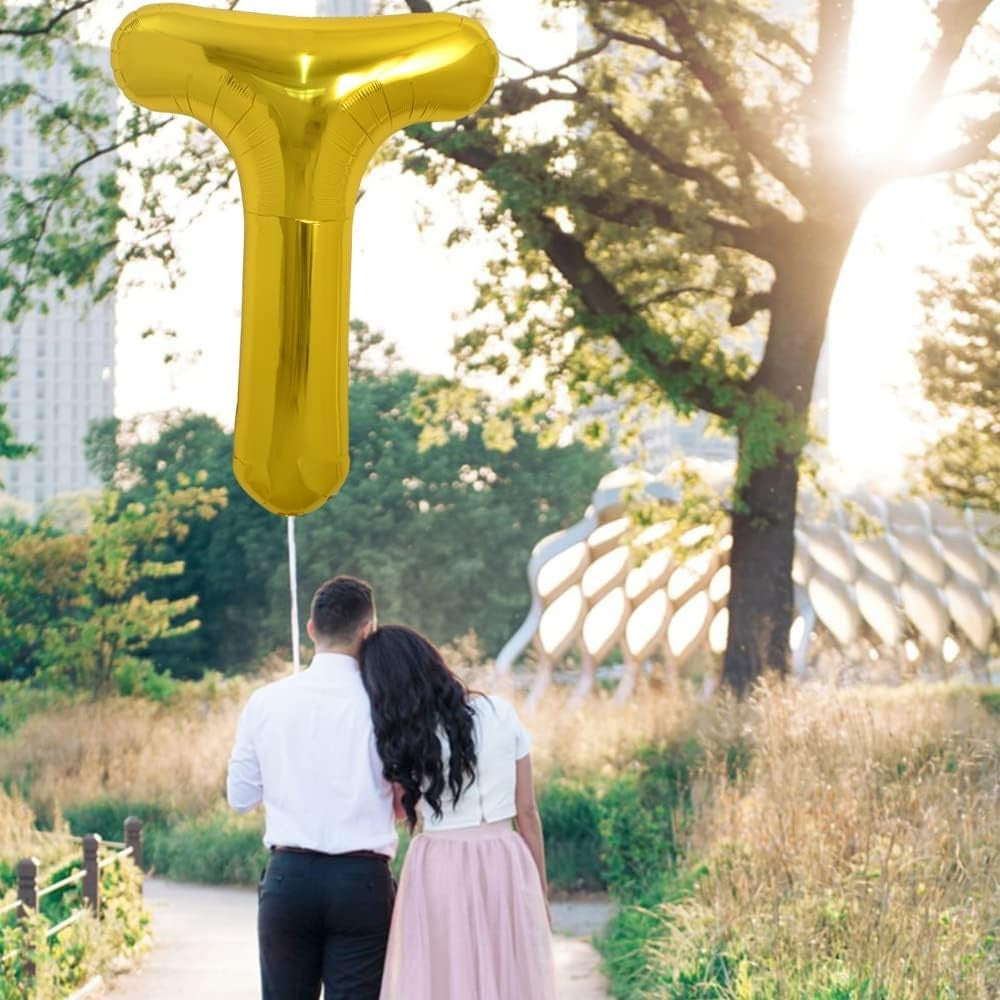 Balon Folie Metalizata Litera T, Umflare Heliu sau Aer, Material Rezistent cu Pai Inclus, Decor Petrecere, Auriu, 80 cm