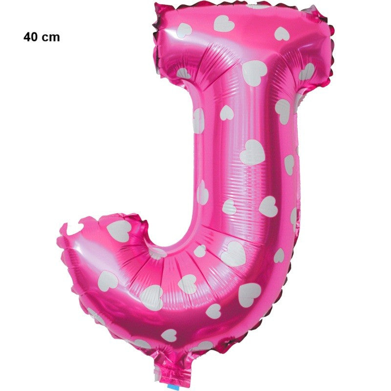 Balon Folie Metalizata Litera J, Imprimeu Inimioare, Umflare Aer sau Heliu, Material Aluminiu, Include Pai, 40 cm, Roz
