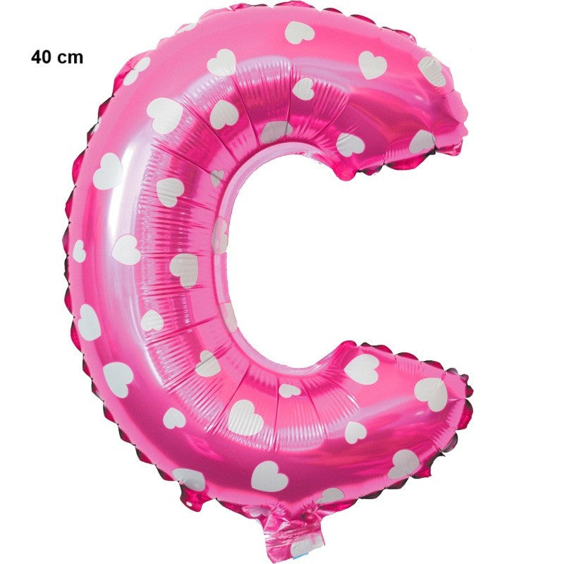 Balon Folie Metalizata Litera C cu Imprimeu Inimioare, Decoratiune Petrecere Aniversara, Umflare Aer sau Heliu, Include Pai, Roz, 40 cm