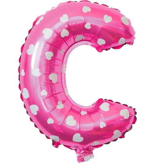 Balon Folie Metalizata Litera C cu Imprimeu Inimioare, Decoratiune Petrecere Aniversara, Umflare Aer sau Heliu, Include Pai, Roz, 40 cm
