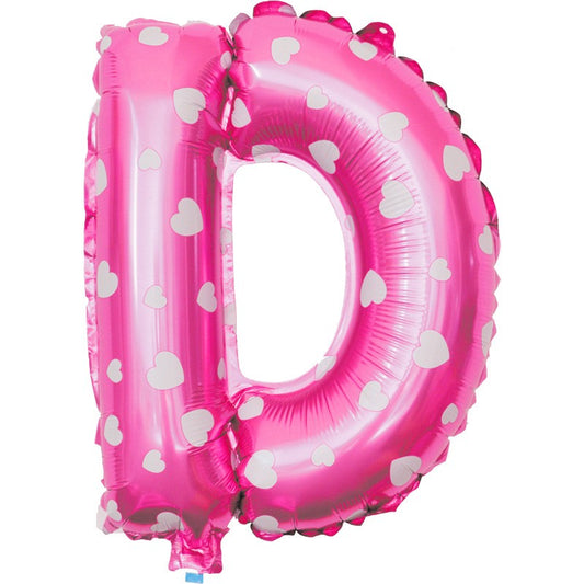 Balon Folie Metalizata Litera D, Imprimeu Inimioare, Umflare Heliu sau Aer, Aluminiu, cu Pai Inclus, 40 cm, Roz