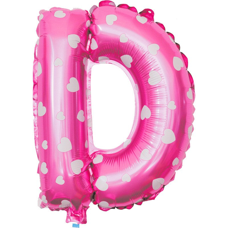 Balon Folie Metalizata Litera D, Imprimeu Inimioare, Umflare Heliu sau Aer, Aluminiu, cu Pai Inclus, 40 cm, Roz