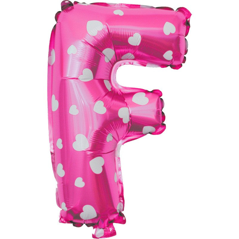 Balon Folie Metalizata Litera F, Design Imprimeu Inimioare, Umflare Aer sau Heliu, Ambalaj Individual cu Pai Inclus, Aluminiu, 40 cm, Roz