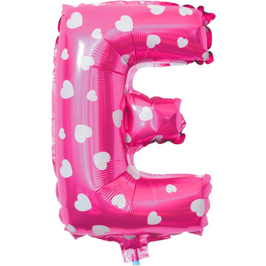 Balon Folie Metalizata Litera E, Design Inimioare, Umflare Aer sau Heliu, Material Aluminiu, Include Pai, Roz, 40 cm