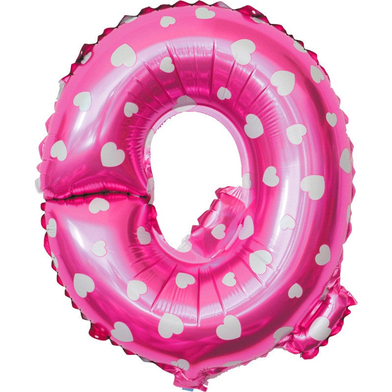 Balon Folie Metalizata Litera Q, Design Imprimeu Inimioare, Umflare Aer sau Heliu, Aluminiu, 40 cm, Roz, Pai Inclus
