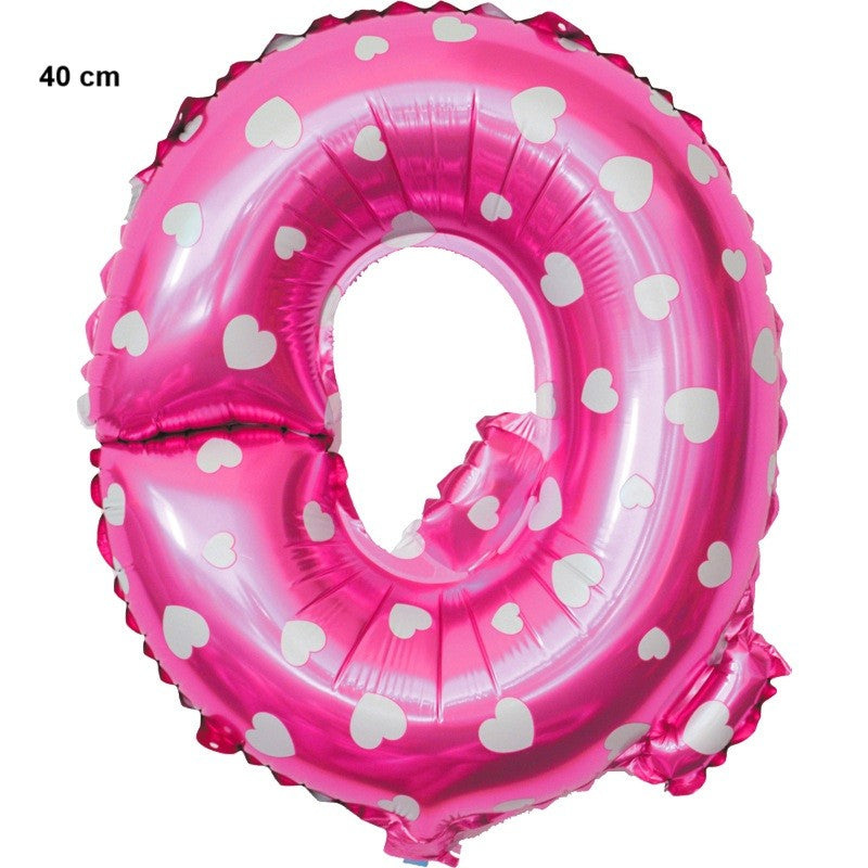 Balon Folie Metalizata Litera Q, Design Imprimeu Inimioare, Umflare Aer sau Heliu, Aluminiu, 40 cm, Roz, Pai Inclus