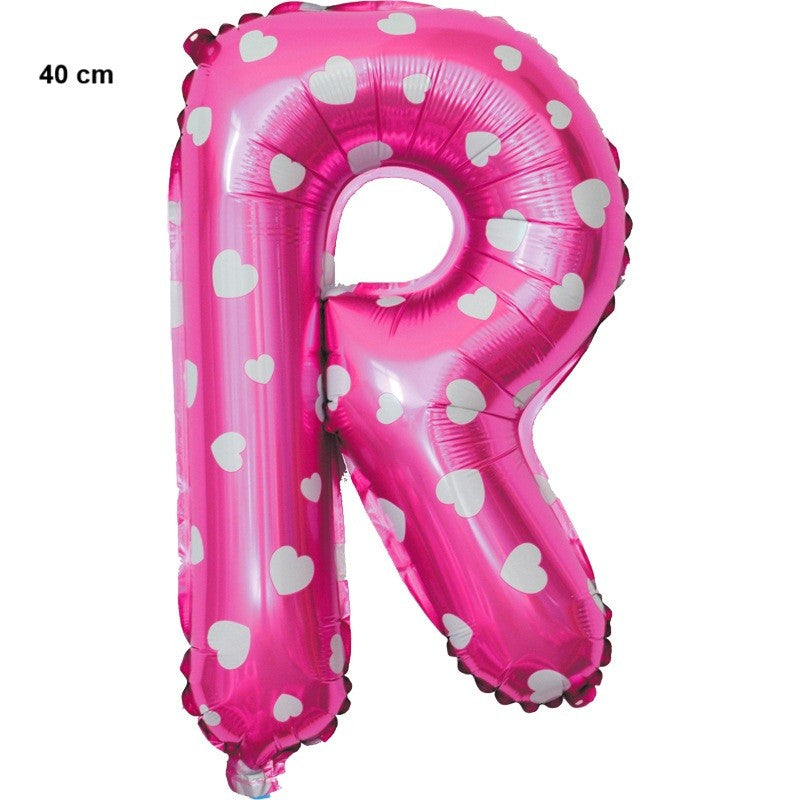 Balon Folie Metalizata Litera R, Imprimeu Inimioare, Umflare Heliu sau Aer, Aluminiu, Roz, 40 cm, Pai Inclus