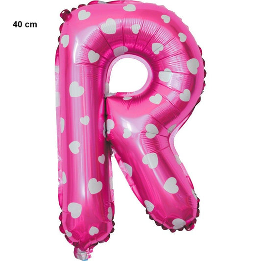 Balon Folie Metalizata Litera R, Imprimeu Inimioare, Umflare Heliu sau Aer, Aluminiu, Roz, 40 cm, Pai Inclus