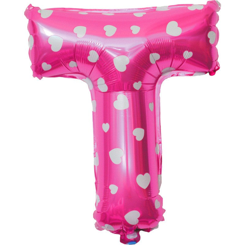 Balon Folie Metalizata Litera T, Design cu Inimioare, Umflare Aer sau Heliu, Material Aluminiu, Inclus Pai de Umflare, 40 cm, Roz