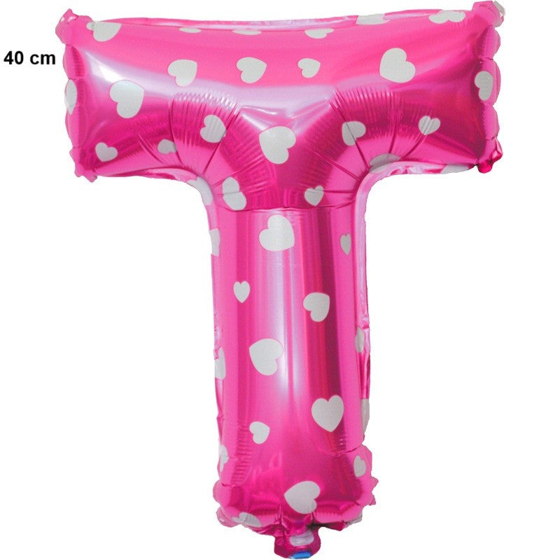 Balon Folie Metalizata Litera T, Design cu Inimioare, Umflare Aer sau Heliu, Material Aluminiu, Inclus Pai de Umflare, 40 cm, Roz