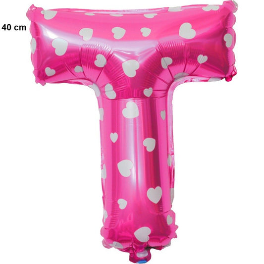 Balon Folie Metalizata Litera T, Design cu Inimioare, Umflare Aer sau Heliu, Material Aluminiu, Inclus Pai de Umflare, 40 cm, Roz
