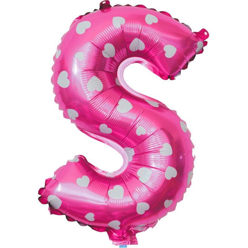 Balon Folie Metalizata Litera S, Imprimeu Inimioare, Umflare Aer sau Heliu, Set cu Pai Inclus, 40 cm, Roz