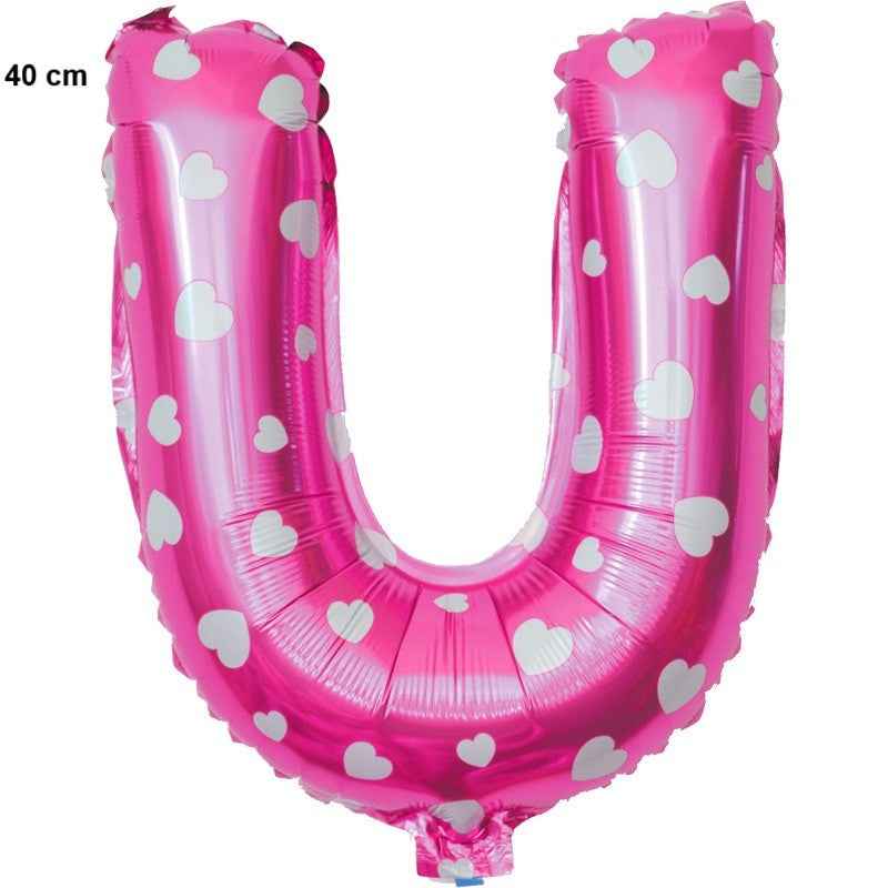 Balon Folie Metalizata Litera U, Imprimeu Inimioare, Decoratiuni Petrecere, Umflare Heliu sau Aer, Aluminiu, Inclus Pai Umflare, 40 cm, Roz