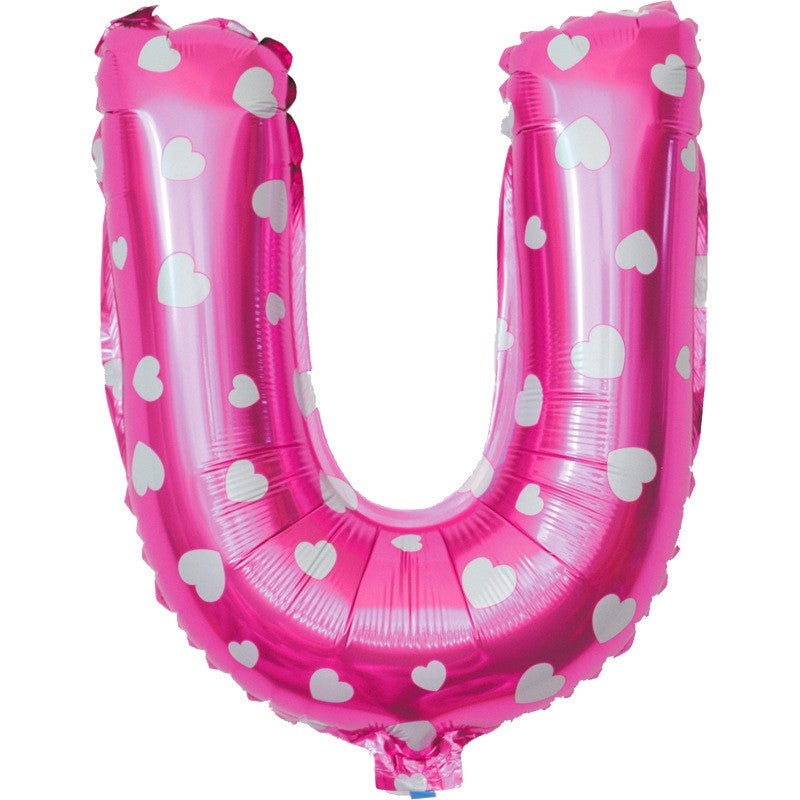 Balon Folie Metalizata Litera U, Imprimeu Inimioare, Decoratiuni Petrecere, Umflare Heliu sau Aer, Aluminiu, Inclus Pai Umflare, 40 cm, Roz