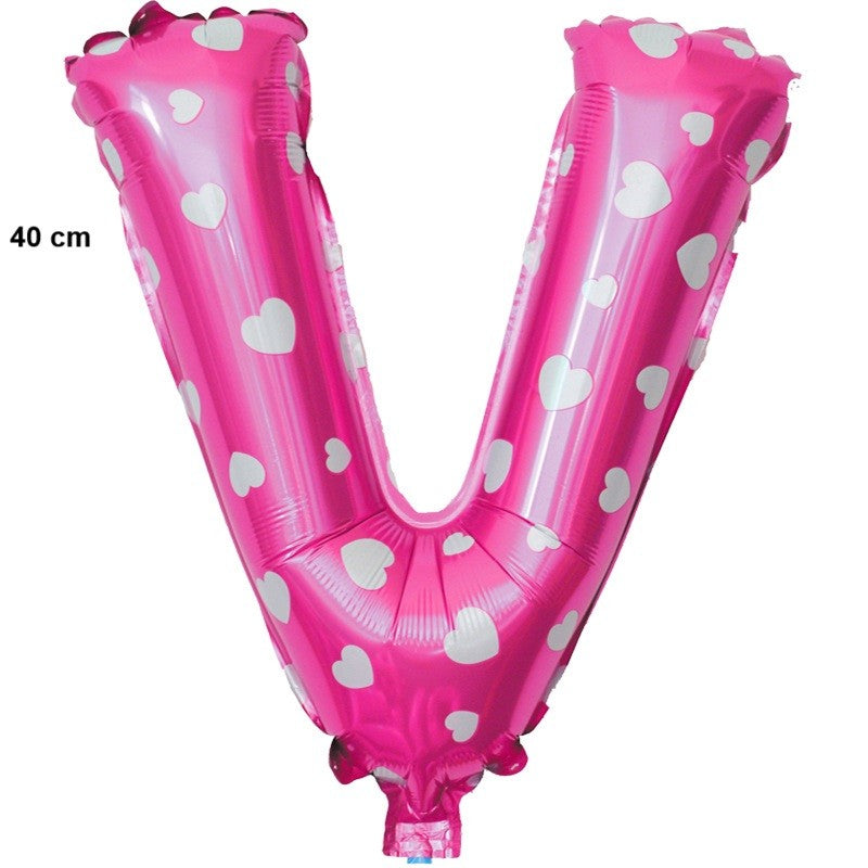 Balon Folie Metalizata Litera V, Model cu Inimioare, Umflare Aer sau Heliu, Include Pai, 40 cm, Roz