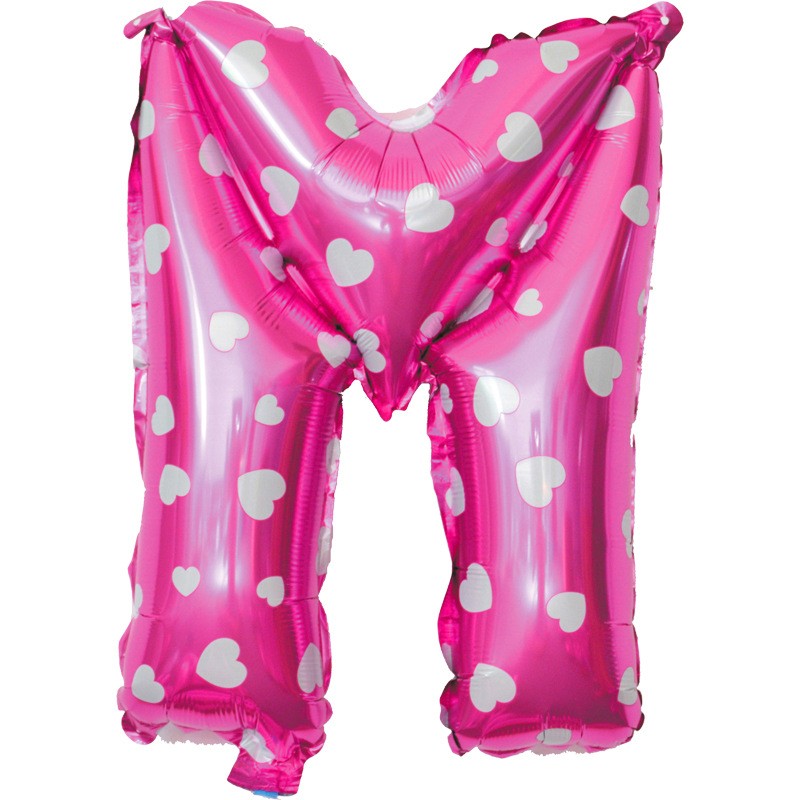 Balon Folie Metalizata Litera M, Imprimeu Inimioare, Umflare Aer sau Heliu, Aluminiu, Roz, 40 cm, 1 Bucata