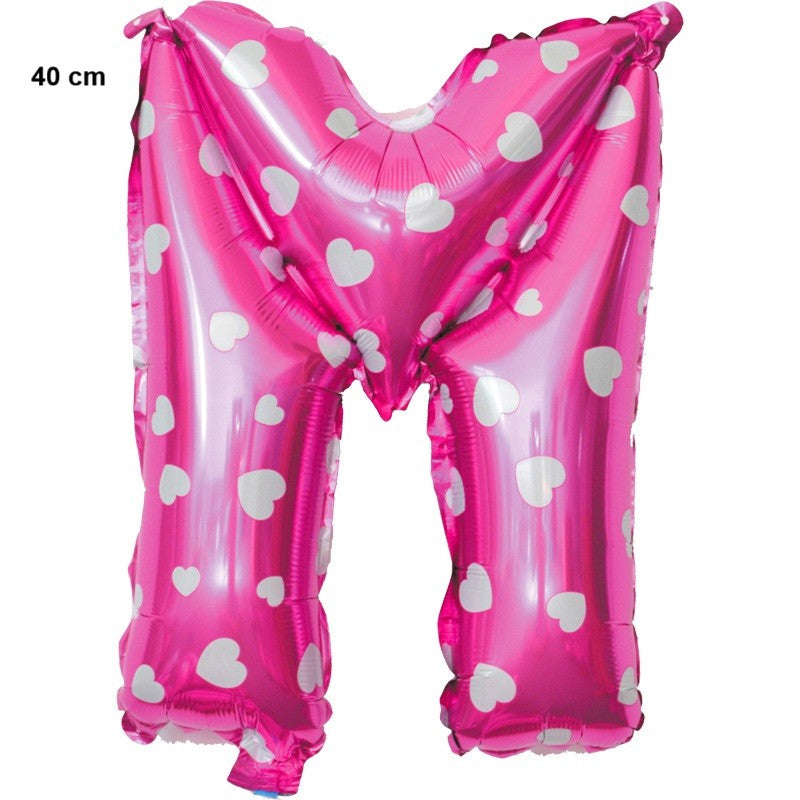 Balon Folie Metalizata Litera M, Imprimeu Inimioare, Umflare Aer sau Heliu, Aluminiu, Roz, 40 cm, 1 Bucata