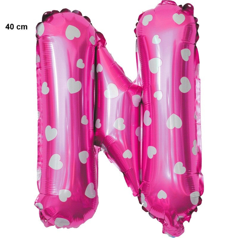 Balon Folie Metalizata Litera N, Model Imprimeu Inimioare, Umflare Aer sau Heliu, Aluminiu, 40 cm, Roz, 1 Bucata cu Pai Inclus
