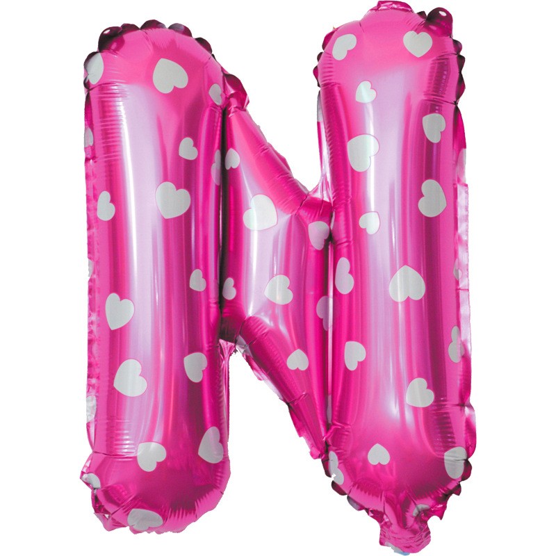 Balon Folie Metalizata Litera N, Model Imprimeu Inimioare, Umflare Aer sau Heliu, Aluminiu, 40 cm, Roz, 1 Bucata cu Pai Inclus