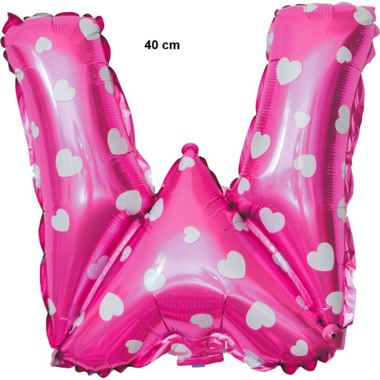 Balon Folie Metalizata Litera W, Model cu Inimioare, Umflare cu Aer sau Heliu, Folie de Aluminiu, 40 cm, Roz