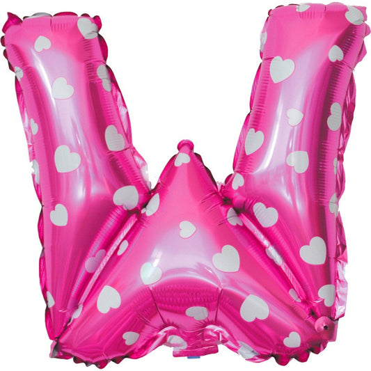 Balon Folie Metalizata Litera W, Model cu Inimioare, Umflare cu Aer sau Heliu, Folie de Aluminiu, 40 cm, Roz