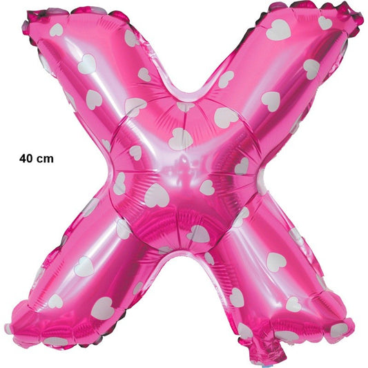 Balon Folie Metalizata Litera X, Imprimeu Inimioare, Aluminiu, Umflare Heliu sau Aer, Pai Inclus, 40 cm, Roz