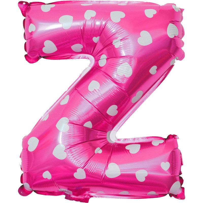Balon Folie Metalizata Litera Z, Imprimeu Inimioare, Reutilizabil, Umflare cu Aer sau Heliu, Set cu Pai Inclus, 40 cm, Roz