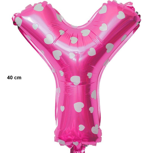Balon Folie Metalizata Litera Y, Model cu Imprimeu Inimioare, Umflare Aer sau Heliu, Include Pai, Roz, 40 cm