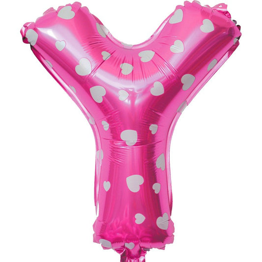Balon Folie Metalizata Litera Y, Model cu Imprimeu Inimioare, Umflare Aer sau Heliu, Include Pai, Roz, 40 cm
