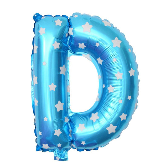 Balon Folie Metalizata Litera D, Imprimeu Stelute, Umflare Heliu sau Aer, Pai Inclus, 40 cm, Albastru