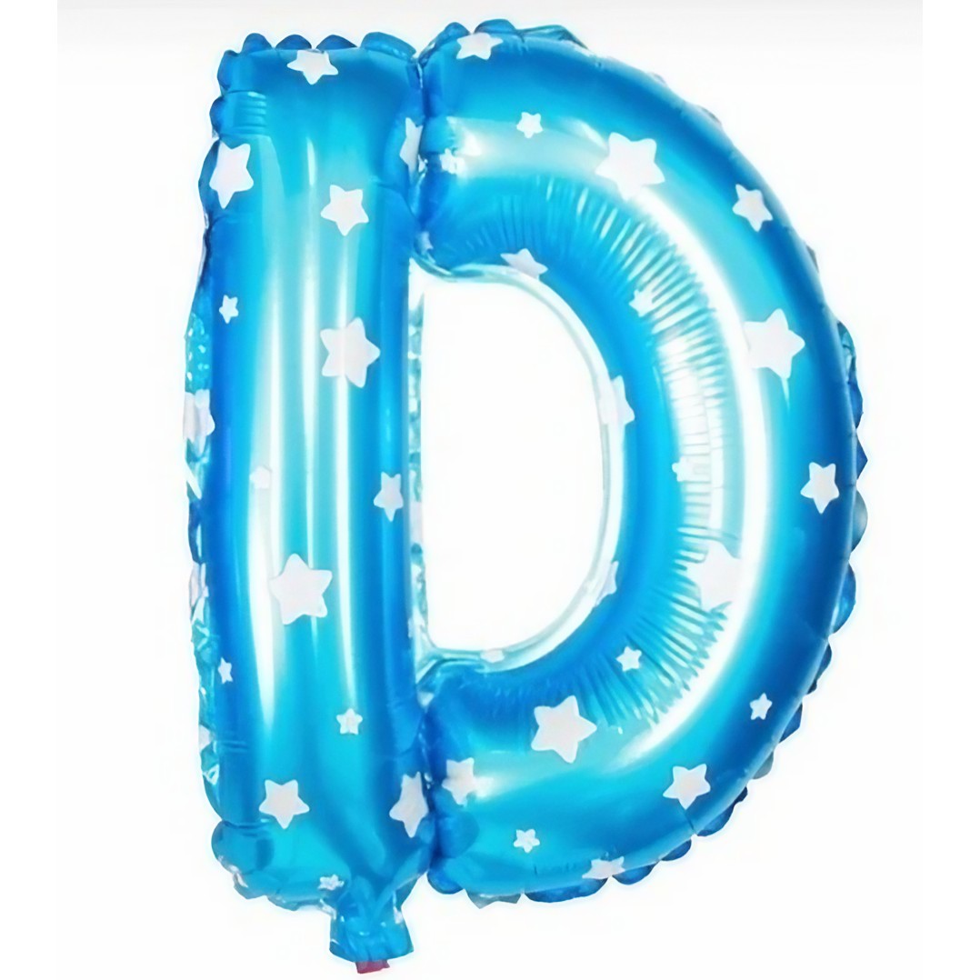 Balon Folie Metalizata Litera D, Imprimeu Stelute, Umflare Heliu sau Aer, Pai Inclus, 40 cm, Albastru