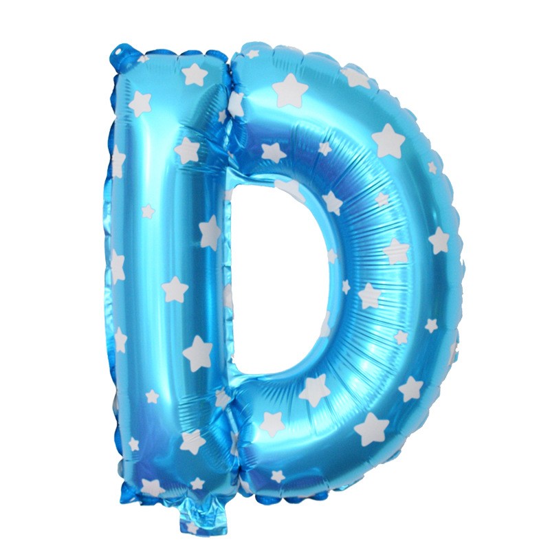 Balon Folie Metalizata Litera D, Imprimeu Stelute, Umflare Heliu sau Aer, Pai Inclus, 40 cm, Albastru