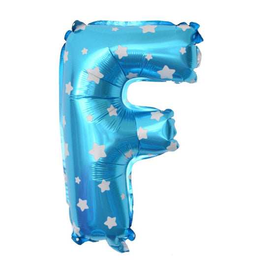 Balon Folie Metalizata Litera F, 40 cm, Model cu Stelute, Compatibil Heliu sau Aer, Pai de Umflare Inclus, Albastru