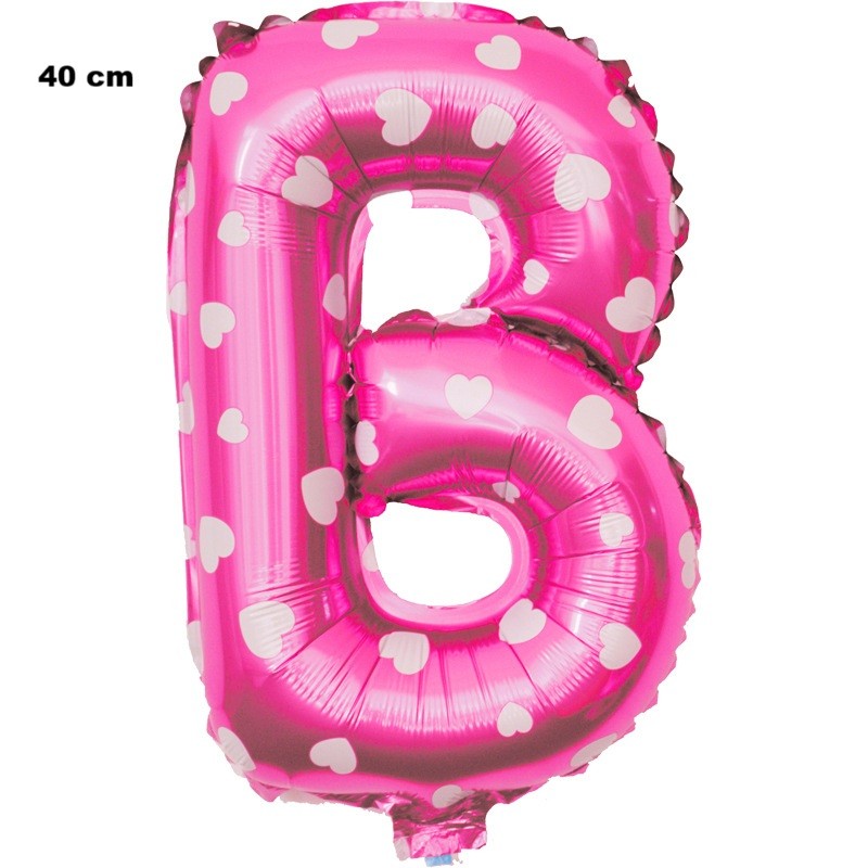 Balon Folie Metalizata Litera B, Imprimeu Inimioare, Umflare Heliu sau Aer, Aluminiu, Inclus Pai Umflare, 40 cm, Roz