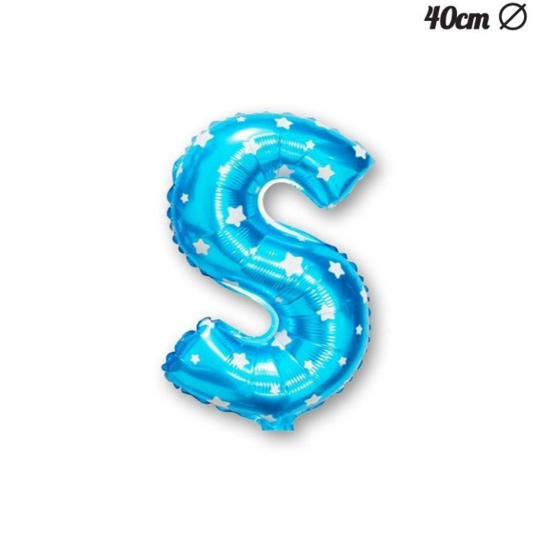 Balon Folie Metalizata Litera S, Imprimeu Stelute, Umflare Heliu sau Aer, Aluminiu, Inaltime 40 cm, Pai Inclus, Albastru