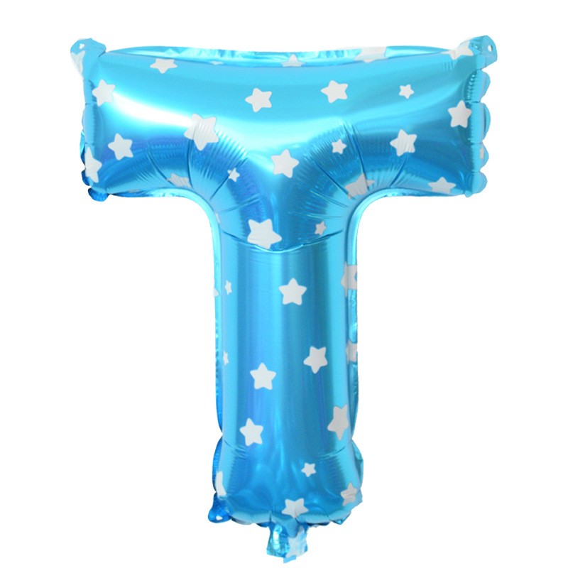 Balon Folie Metalizata Litera T, Design Imprimeu Stelute, Umflare Aer sau Heliu, Aluminiu, Include Pai, 40 cm, Albastru