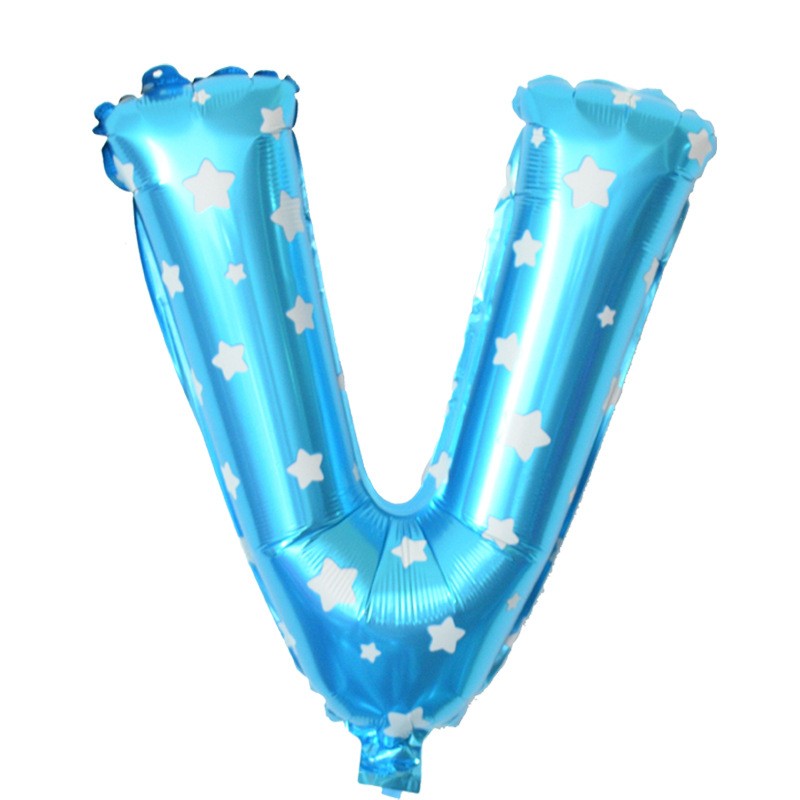 Balon Folie Metalizata Litera V, Imprimeu Stelute, Umflare Heliu sau Aer, Pai Inclus, Aluminiu, 40 cm, Albastru