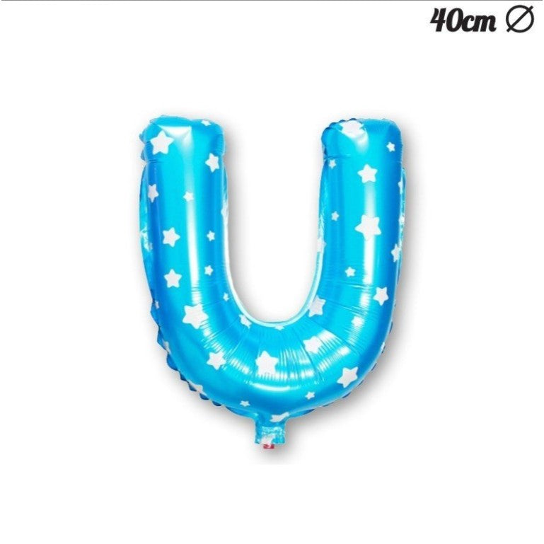 Balon Folie Metalizata Litera U, Figurina Party Imprimeu Stelute, Umflare Heliu sau Aer, Include Pai, Albastru, 40 cm